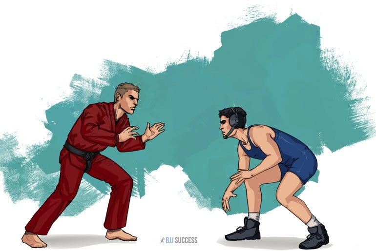BJJ fighter squaring against a wrestler