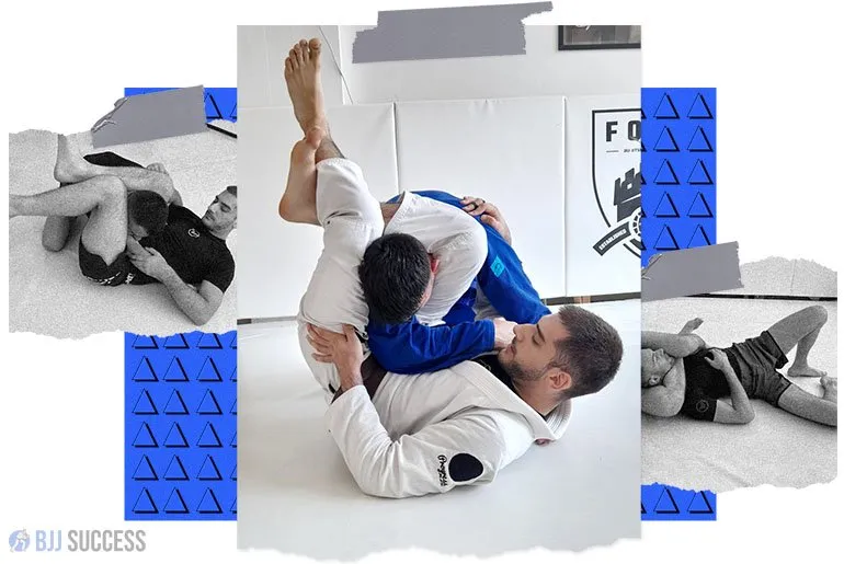 Multiple images of man doing triangle on opponent