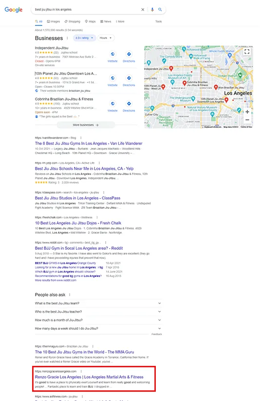 Screenshot of Google search result for the search "best jiu jitsu in Los Angeles" with first jiu jitsu gym result highlighted.
