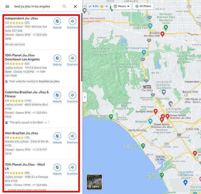 Screenshot of Google Maps results for the search "best jiu jitsu in Los Angeles" with gyms results highlighted